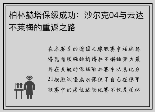 柏林赫塔保级成功：沙尔克04与云达不莱梅的重返之路