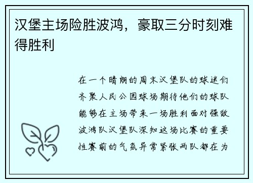 汉堡主场险胜波鸿，豪取三分时刻难得胜利